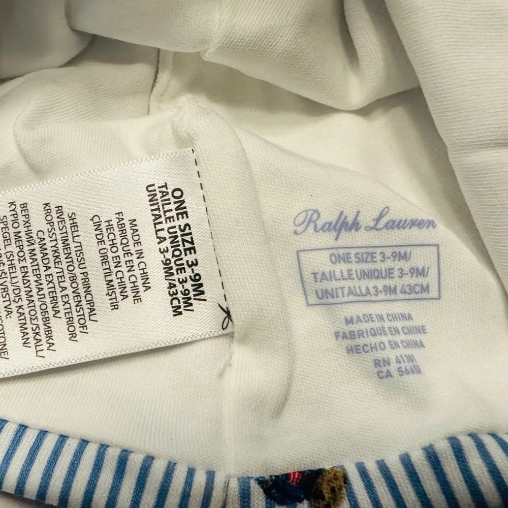 Ralph Lauren Polo Bear Baby Beanie Blue White Striped Cotton Hat 3-9M